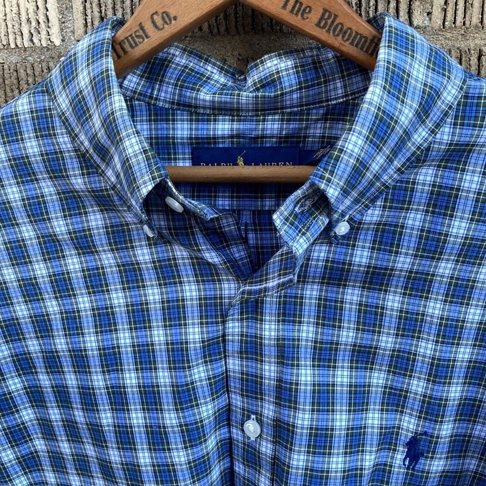Ralph‎ Lauren Men's 17/43 Blue Plaid Long Sleeve Button Down Shirt Pony Cotton